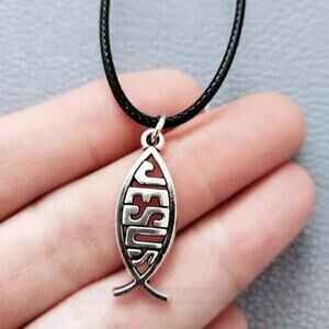 Christian Ichthys Jesus Fish Pendant Necklace Silver Tone Black Cord